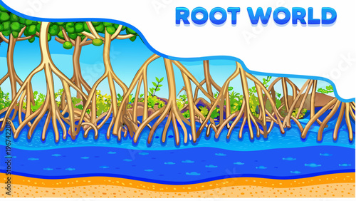 Mangrove forest ecosystem with exposed roots in calm blue water natural landscape vector illustration