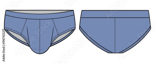 Men's underwear brief design front and back view flat sketch fashion illustration, Gents trunk under garments cad drawing vector template mock up