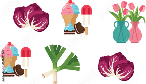 Mixed elements collection vegetables desserts flowers leek cabbage ice cream tulips vector illustration set