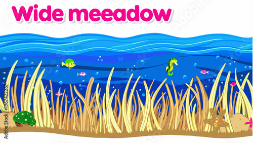 Underwater sea grass meadow with fish and ocean waves layered vector illustration for nursery