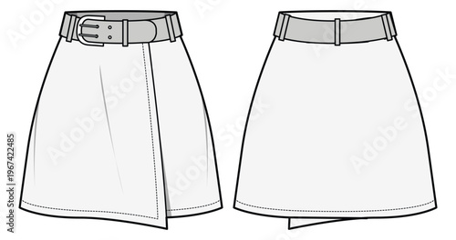 Women's belted mini wrapped Skirt flat sketch fashion illustration cad drawing with front and back view. Woven skater skirt mini short skirt design vector template
