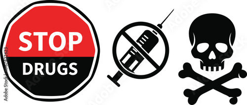 Stop drugs sign with syringe and skull icon for danger warning concept