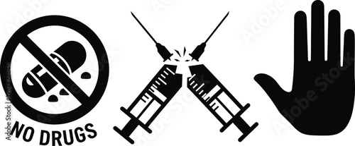 No drugs message with broken syringe and stop hand for addiction prevention