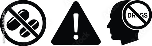 Drug addiction warning icons with human head and medical alert symbols