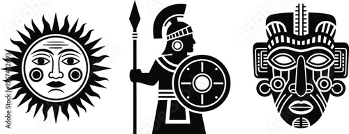 Sun face, spartan warrior with spear and shield, and aztec tribal mask
