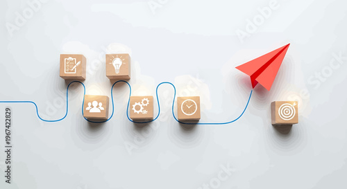 Foto Business strategy and planning concept with wooden blocks and paper airplane on