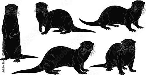 Set of otter silhouettes in various poses with detailed whiskers for wildlife nature protection aquatic animal conservation and zoo educational graphic design elements