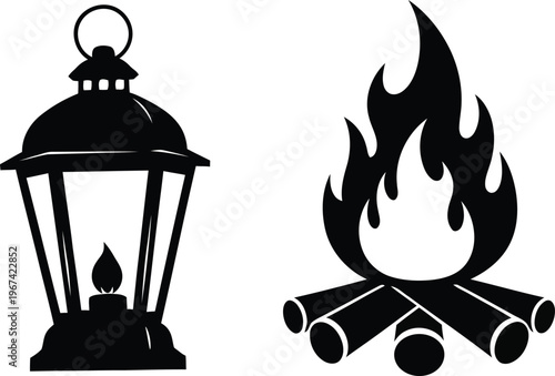Vintage camping equipment icons including oil lantern and blazing fire