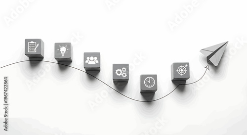 Business strategy and planning concept with icons on cubes leading to a paper airplane management