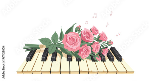 A bouquet of pink roses with green leaves rests on the white and black keys of a piano, with musical notes floating above.