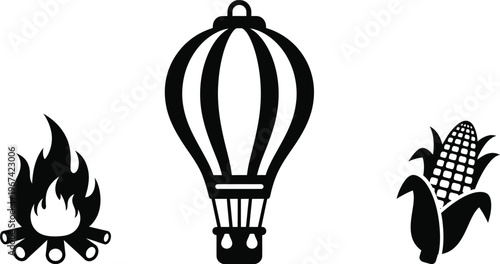 Festa junina elements including hot air balloon, bonfire, and corn in silhouette