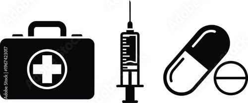 Medical icons with first aid kit, syringe, and capsule pills in silhouette