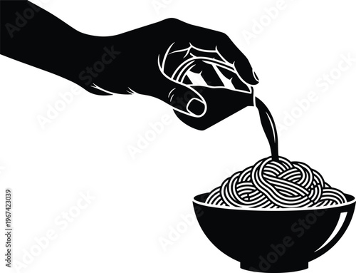 Close-up silhouette of a hand pouring sauce onto a bowl of spaghetti in a black and white illustration.