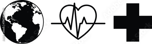 Healthcare icons with earth globe, heart rate, and medical cross in silhouette