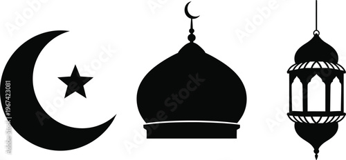Crescent moon, mosque dome and lantern religious icons