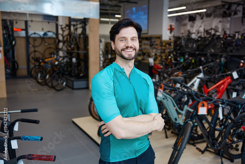 Confident bicycle retailer radiates friendliness amidst well-stocked urban cycling
