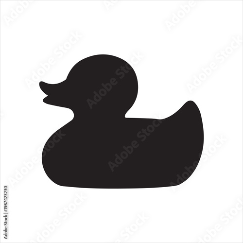 Black rubber duck silhouette icon vector flat illustration on white background. Bath toy duck icon. Concept of minimalism, bath toy, simple design.