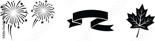 Black vector illustration of fireworks, ribbon, and maple leaf on transparent background