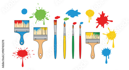Seven diverse paintbrushes with colorful paint on their bristles are surrounded by vibrant paint splatters on a white background.