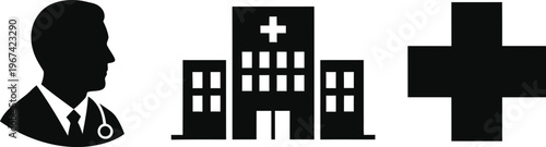 Doctor profile hospital cross and stethoscope healthcare symbols silhouette