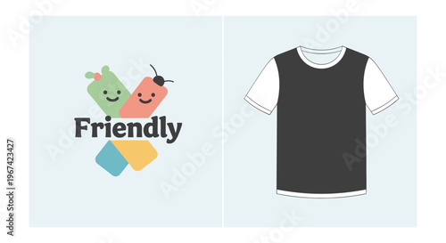 T shirt mockup Friendly cartoon characters sleeveless black and white colors flat design for branding