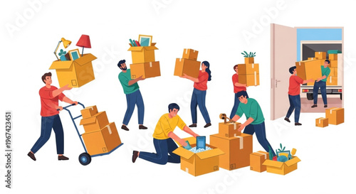Vector illustration of a team of professional movers or people relocating, carrying cardboard boxes, furniture, and loading a delivery truck. 