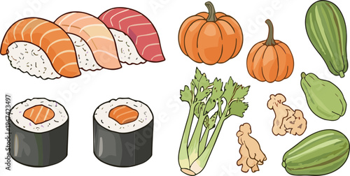 Sushi and fresh vegetable collection with salmon rolls pumpkin zucchini celery and ginger vector illustration set isolated on white background