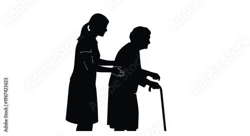 Silhouette of a young caregiver helping an elderly woman with a cane