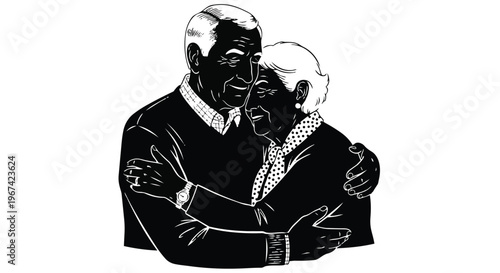 Illustration of an elderly couple embracing each other