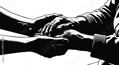 Black and white illustration of two people shaking hands