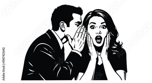 Man whispering a secret to a shocked woman, pop art style illustration