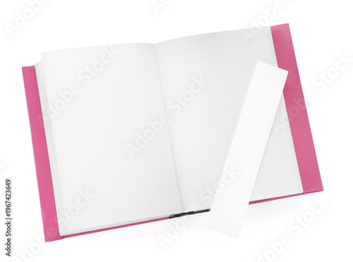 Open book with bookmark isolated on white, top view