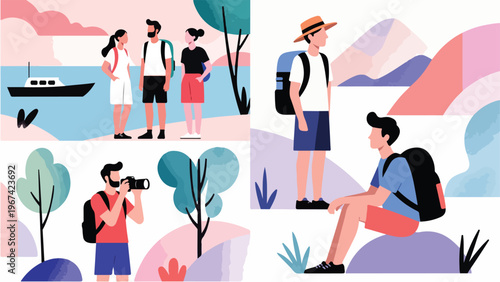 Travelers Exploring Diverse Natural Landscapes with Friends and Photography