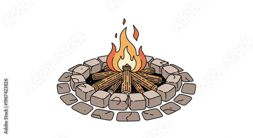 A circular fire pit made of individual stone blocks contains a teepee-shaped pile of burning logs with orange and yellow flames on a white background.