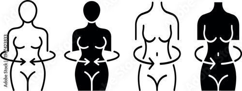 Illustrations of body types with varying degrees of abdominal fullness and posture