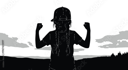 Silhouette of a young girl with braids and a baseball cap flexing her muscles outdoors