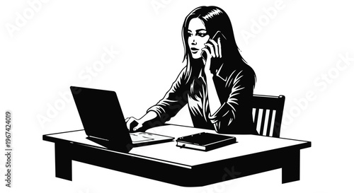 Businesswoman working on laptop while talking on phone