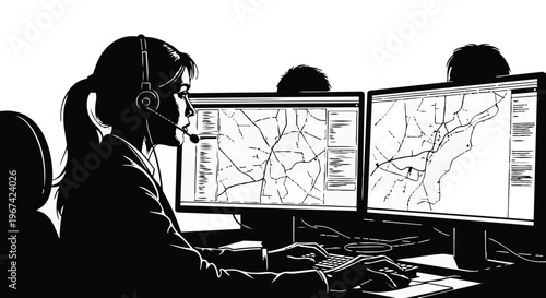 Dispatcher working at a computer station with maps on screens