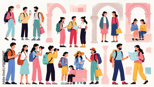 Travelers Enjoying Leisurely Activities and Sightseeing Adventures with Modern Flat Illustration Style