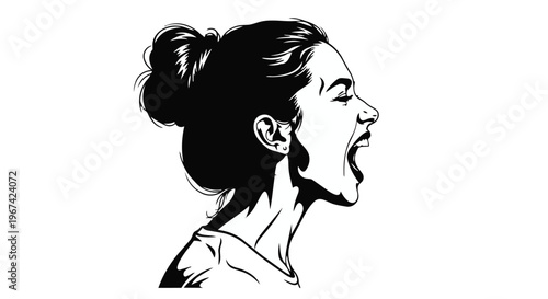 Side profile of a woman screaming with a messy bun hairstyle