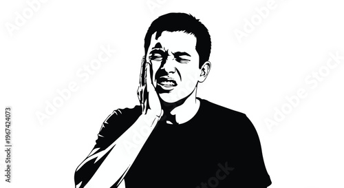 Young man suffering from severe toothache, holding his cheek in pain, black and white vector illustration