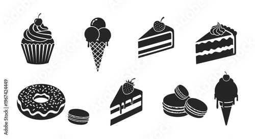 Black and white dessert collection featuring various sweet treats silhouette