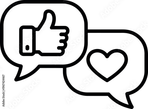 Social media reactions with thumbs up and heart icons inside speech bubbles