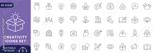 Creativity line editable icon set. Containing Creative, design, imagination, idea, innovation, originality Etc.  Editable stroke.