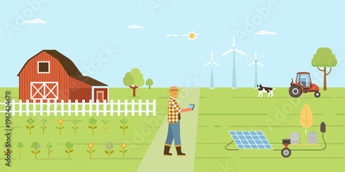 A modern farm scene featuring renewable energy and technology