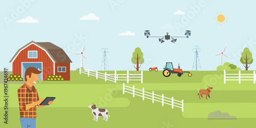 Modern farming scene with a drone farmer and rural landscape