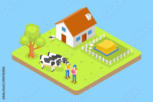 Isometric farm scene depicting a house cows and a farmer with child