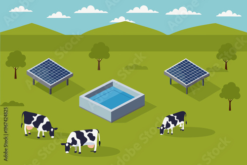 A peaceful countryside scene featuring solar panels and grazing cows