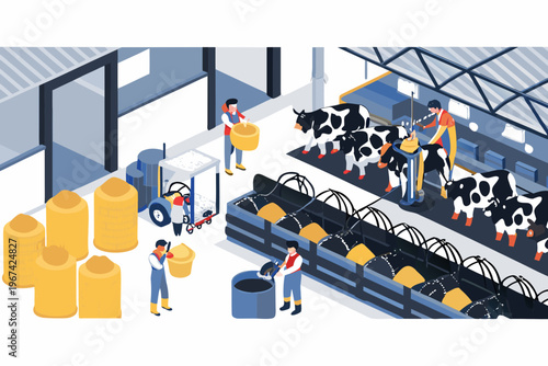Isometric illustration of a modern dairy farm with workers and cattle