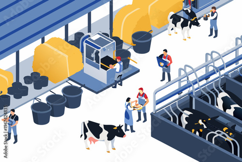 Isometric illustration of a modern dairy farm and milk production process